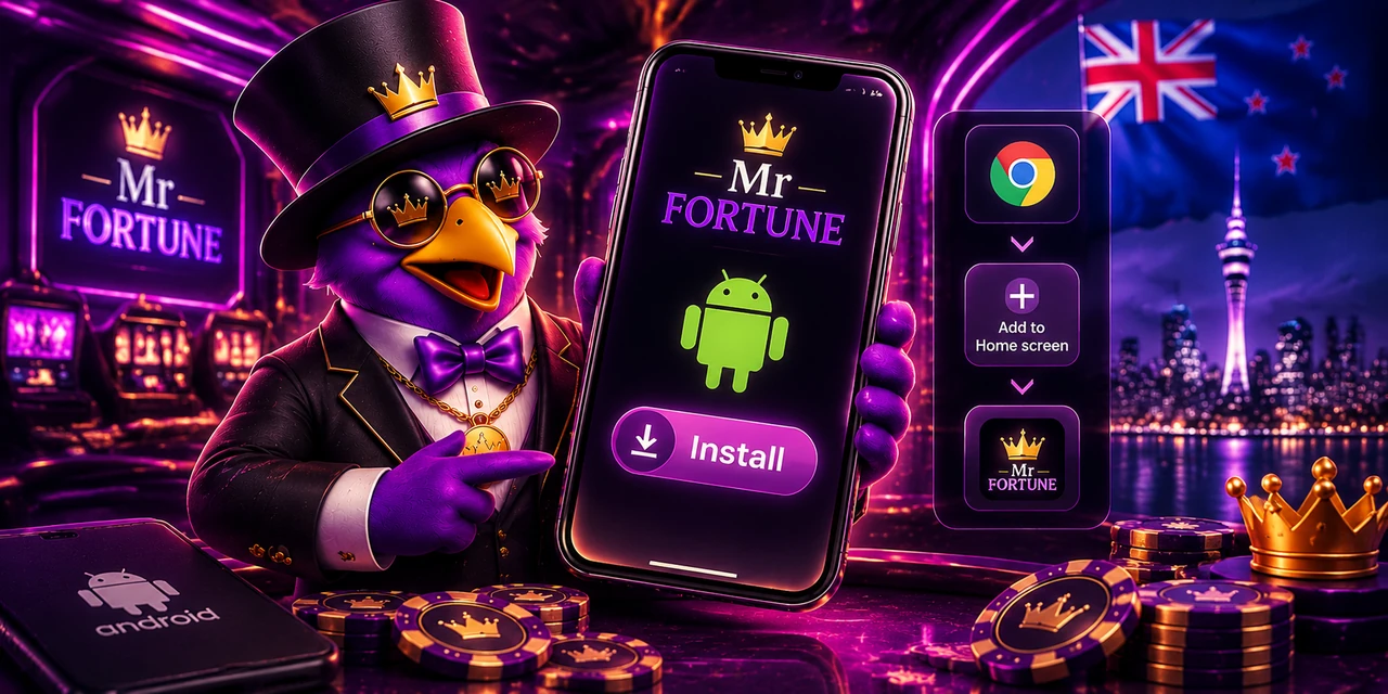 A top hatted mascot holding a phone showing a Mr Fortune screen with the Android robot and an install button, beside a three step panel running from the Chrome icon to add to home screen to a Mr Fortune shortcut, with a New Zealand flag and city skyline behind