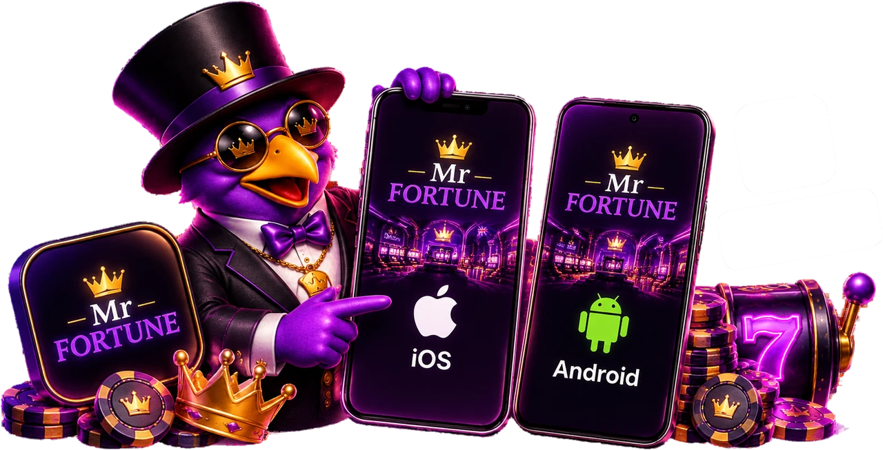 A top hatted mascot in sunglasses pointing at two phones side by side, one headed Mr Fortune with an Apple logo and the word iOS and the other with the Android robot and the word Android, both showing a lit casino floor, beside a Mr Fortune app tile, a gold crown, crown marked casino chips and a slot reel