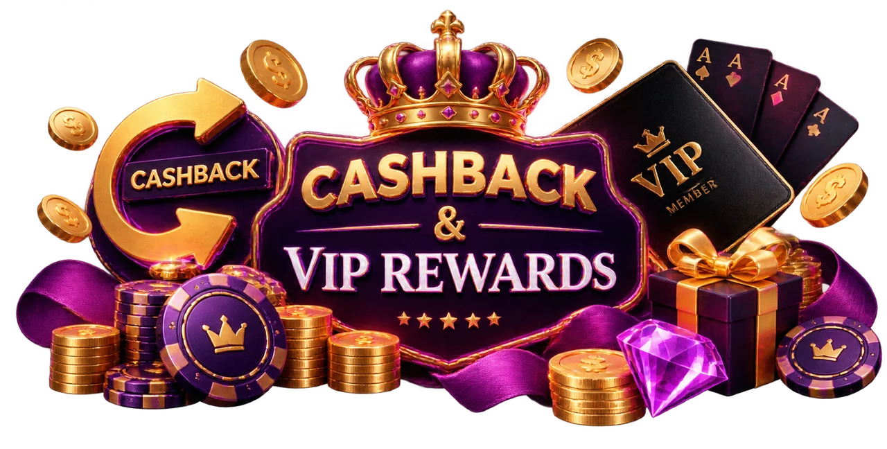 Promotional artwork: a crowned emblem reading cashback and VIP rewards, with a cashback arrow badge, a black VIP member card, four aces, stacks of gold coins and casino chips, a wrapped gift and a cut gem
