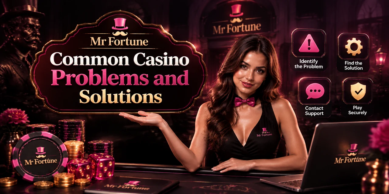 A dealer at a Mr Fortune table with a laptop, chips and dice, beside a sign reading common casino problems and solutions and four tiles labelled identify the problem, find the solution, contact support and play securely