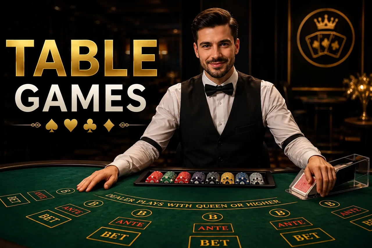 A dealer in a waistcoat and bow tie standing at a green baize table marked with ante and bet boxes and the line dealer plays with queen or higher, with a rack of coloured chips and a card shoe, under a heading reading table games