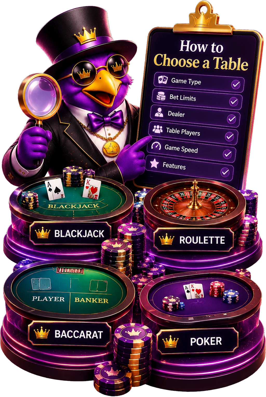 A top hatted mascot holding a magnifying glass beside a checklist headed how to choose a table, listing game type, bet limits, dealer, table players, game speed and features, above four labelled tables for blackjack, roulette, baccarat and poker