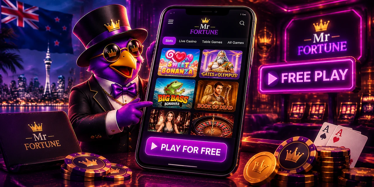 A top hatted mascot pointing at a phone showing a Mr Fortune lobby with slots, live casino, table games and all games tabs above a grid of six game tiles and a play for free button, beside a neon free play sign, casino chips, two aces and a New Zealand flag