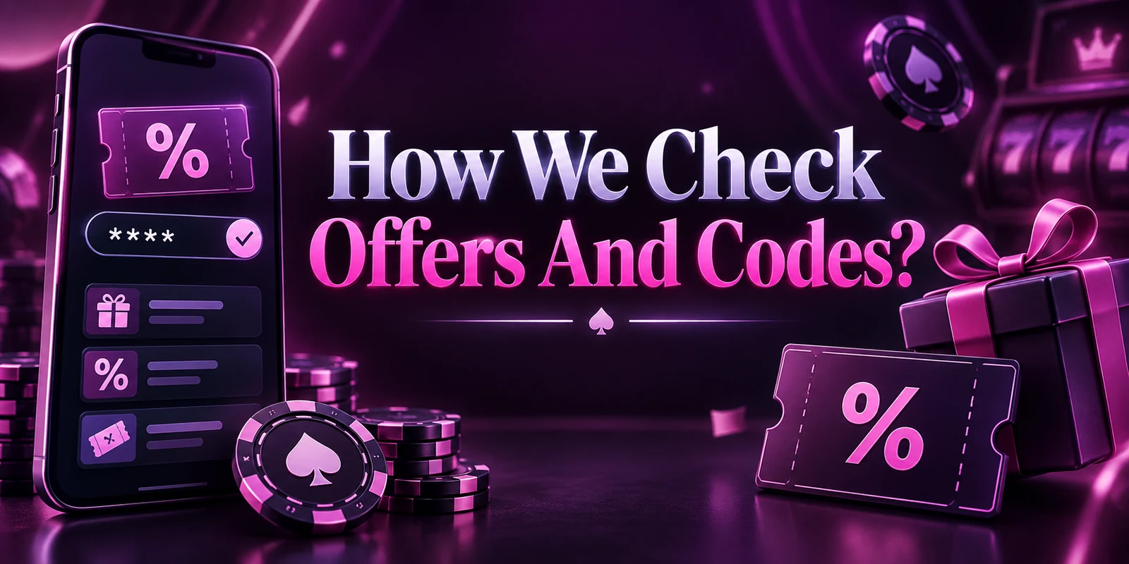 Banner reading how we check offers and codes, with a phone showing a verified promo code field and a list of offer entries, casino chips, a discount ticket, a ribboned gift box and a slot reel