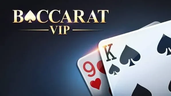 Artwork for a baccarat table, showing a nine of hearts and a king of spades against a dark blue background under a heading reading Baccarat VIP