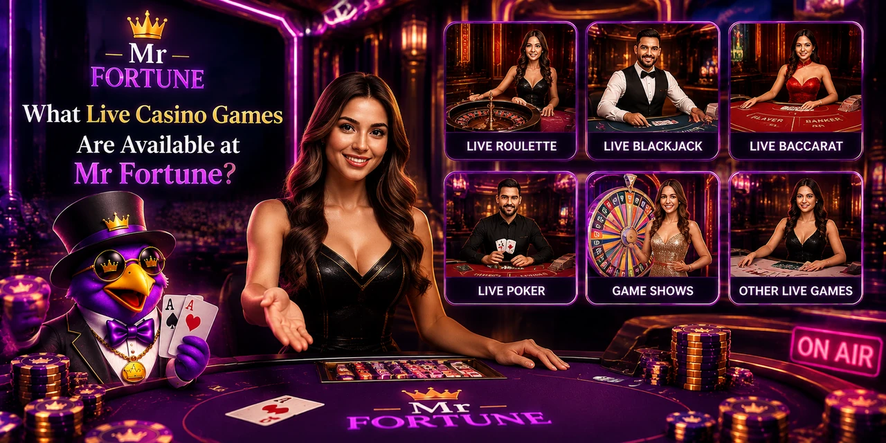 A live dealer at a Mr Fortune table beside six labelled panels showing live roulette, live blackjack, live baccarat, live poker, game shows and other live games, with a top hatted mascot holding two aces and an on air sign