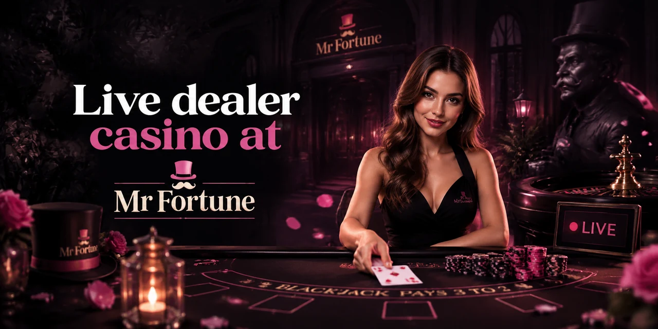 A live dealer in black dealing a card at a Mr Fortune blackjack table marked blackjack pays 3 to 2, with stacks of pink and black chips, a roulette wheel, a lit lantern, a top hat and roses around her, under a Mr Fortune sign and an on air live panel
