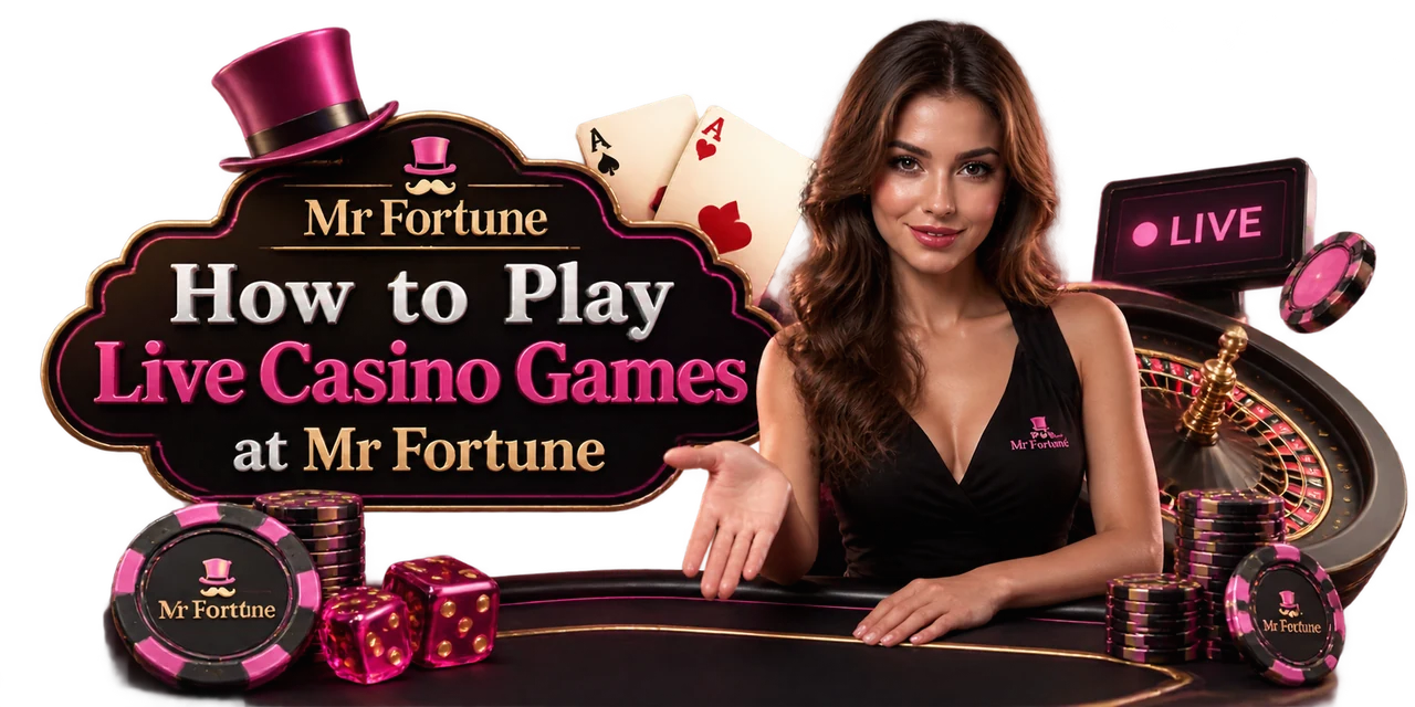 A live dealer at a Mr Fortune table with a roulette wheel, stacked chips, dice and two aces, beside a sign reading how to play live casino games at Mr Fortune and a panel marked live