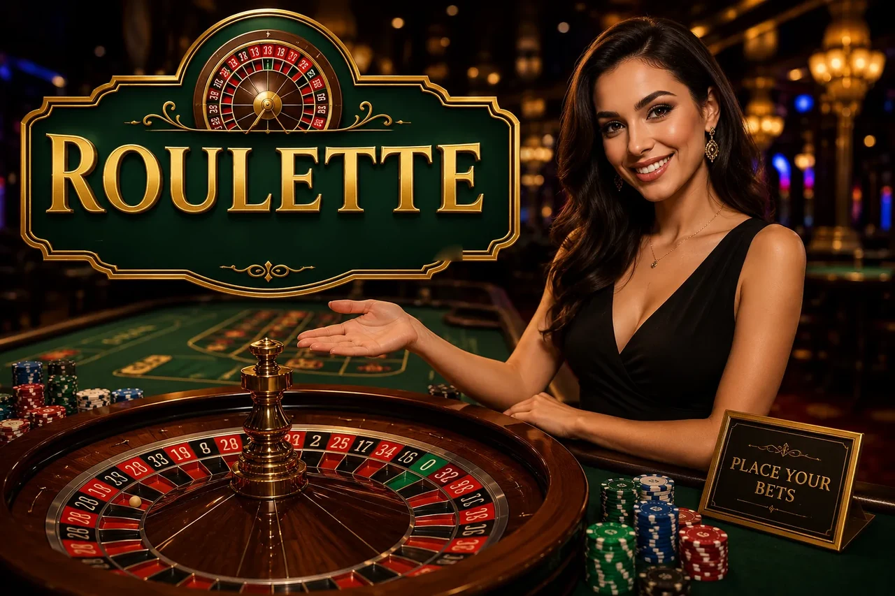 A dealer standing beside a roulette wheel and a green baize layout stacked with chips, under a gold framed sign reading roulette, with a place your bets card on the table