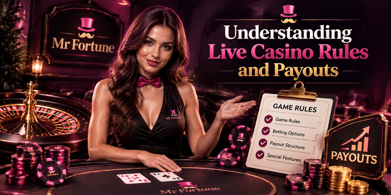 A live dealer at a Mr Fortune table beside a roulette wheel and stacks of chips, presenting a clipboard headed game rules with ticked lines for game rules, betting options, payout structure and special features, next to a panel marked payouts