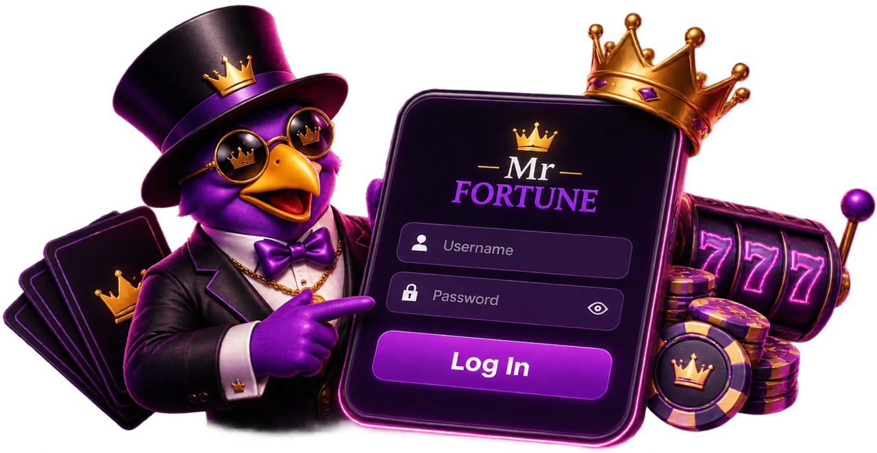 A top hatted mascot in sunglasses pointing at a large phone showing the Mr Fortune login panel with username and password fields and a log in button, a gold crown on the phone, playing cards to one side and crown marked casino chips and a slot reel showing 777 to the other