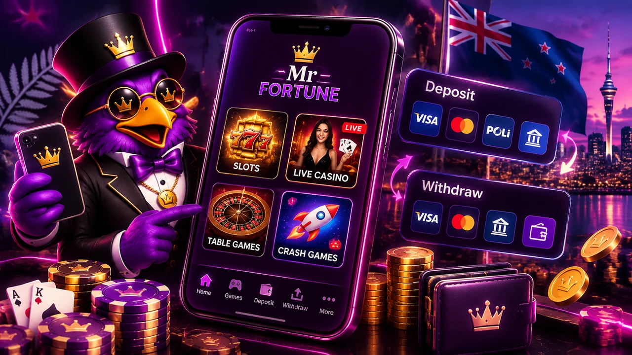 A top hatted mascot holding a phone beside a larger phone showing a Mr Fortune lobby with slots, live casino, table games and crash games tiles and a bottom bar for home, games, deposit and withdraw, next to deposit and withdraw panels of payment icons, casino chips, gold coins, a wallet and a New Zealand flag