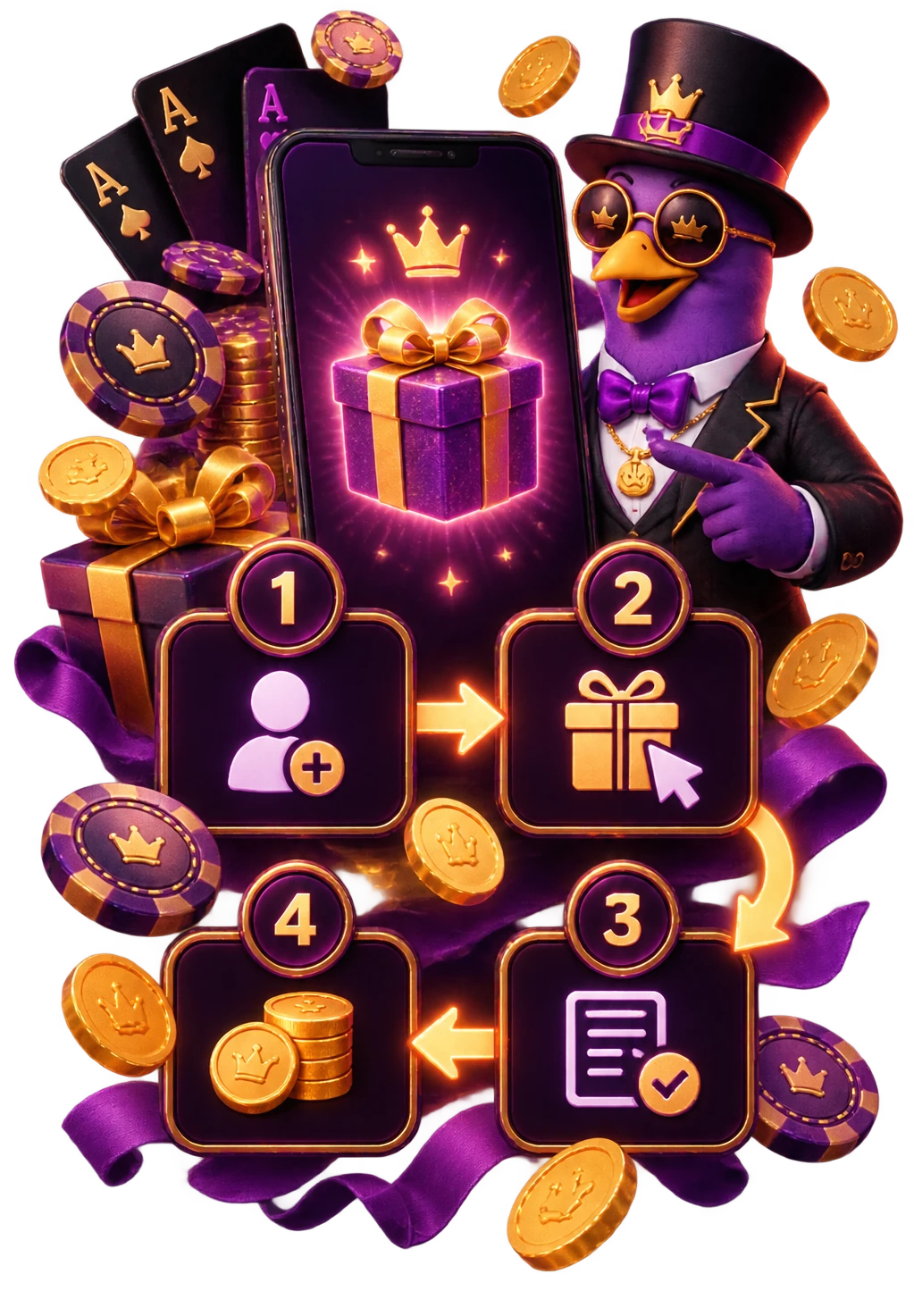 Promotional infographic showing four numbered panels linked by arrows: create an account, select the offer, complete verification, and receive the credit, beside a phone displaying a wrapped gift and a top hatted mascot pointing at it