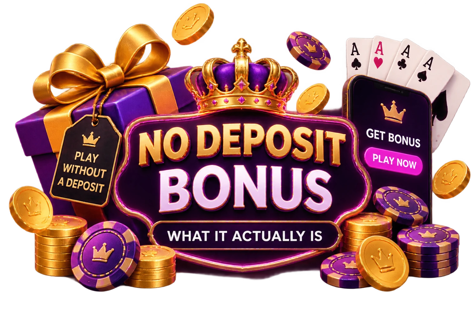 Promotional artwork: a crowned emblem reading no deposit bonus, what it actually is, beside a ribboned gift box tagged play without a deposit, a phone showing a get bonus button, four aces, gold coins and casino chips