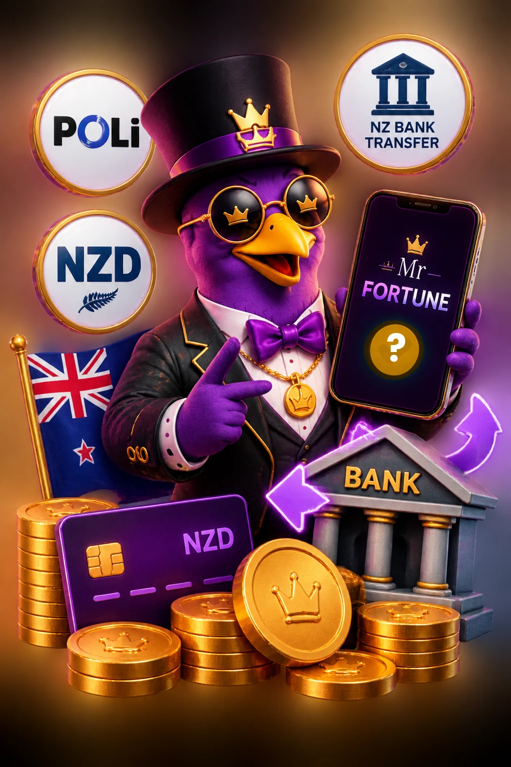 A top hatted mascot holding a phone showing a Mr Fortune screen with a question mark, beside badges for POLi, NZD and NZ bank transfer, a New Zealand flag, an NZD bank card, gold coins and a bank building with arrows pointing both ways