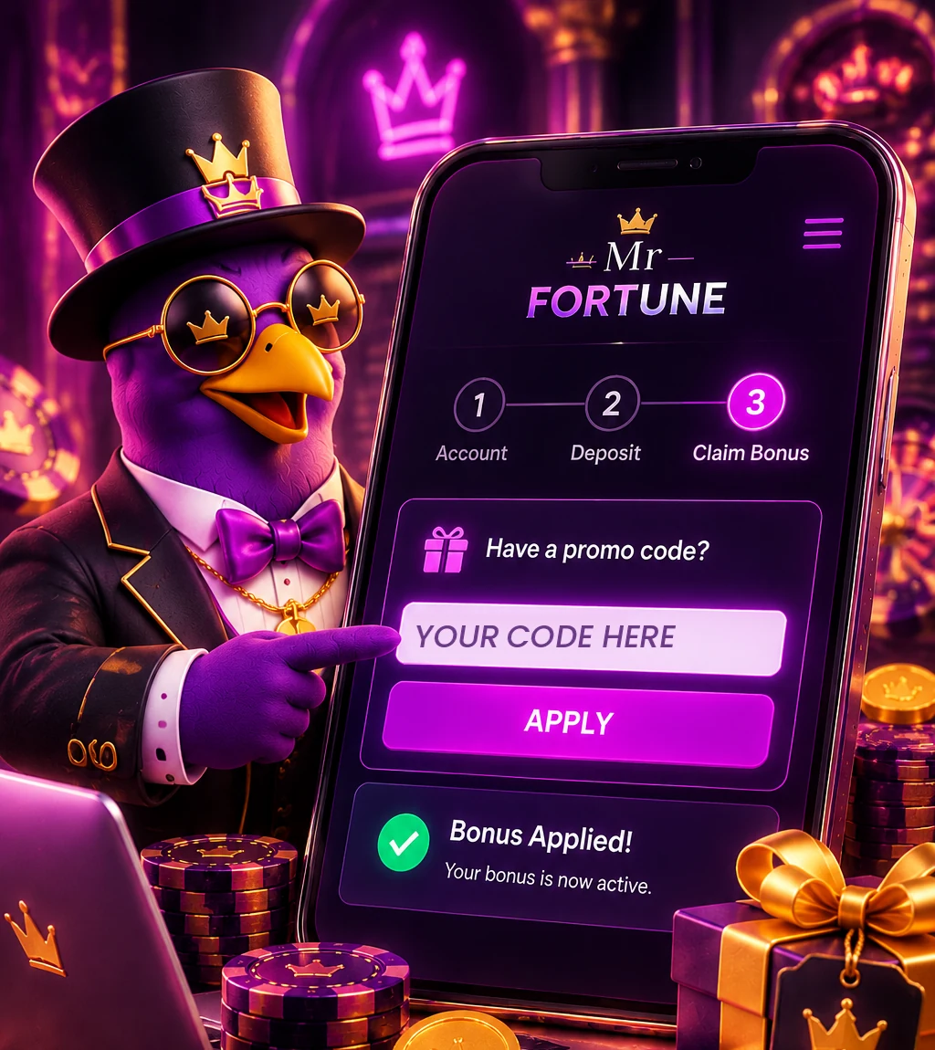 A top hatted mascot pointing at a phone showing a three step tracker for account, deposit and claim bonus, with a promo code field reading your code here, an apply button and a confirmation that the bonus is now active