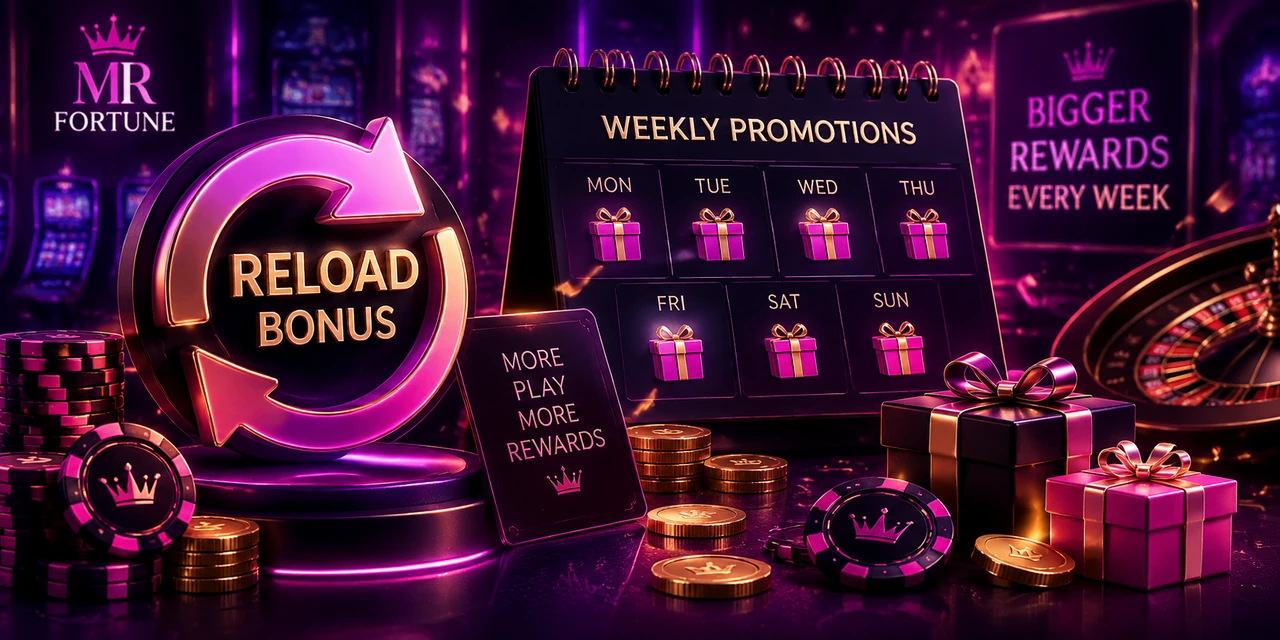 Promotional artwork: a glowing reload arrow badge beside a desk calendar headed weekly promotions with a gift box on each day from Monday to Sunday, surrounded by casino chips, gold coins, wrapped gifts and a roulette wheel