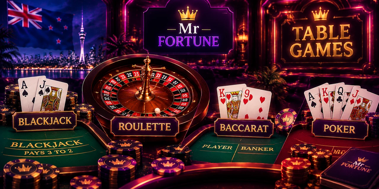 A casino floor under a Mr Fortune sign and a neon table games sign, with four labelled stations: blackjack with an ace and jack, a roulette wheel, baccarat with a player and banker layout, and poker with a royal flush, surrounded by stacks of crown marked chips