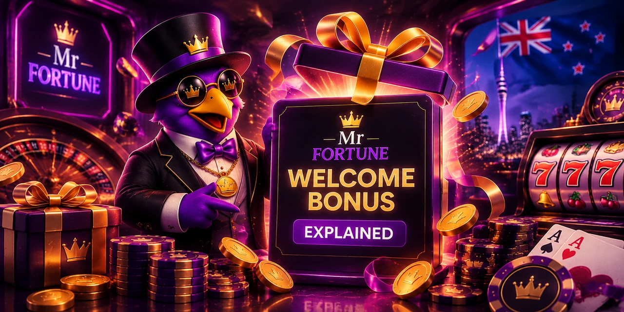 A top hatted mascot pointing at a large card reading Mr Fortune welcome bonus explained, wrapped as a gift with a gold ribbon, beside a roulette wheel, a slot reel showing three sevens, two aces, wrapped gifts, casino chips and gold coins