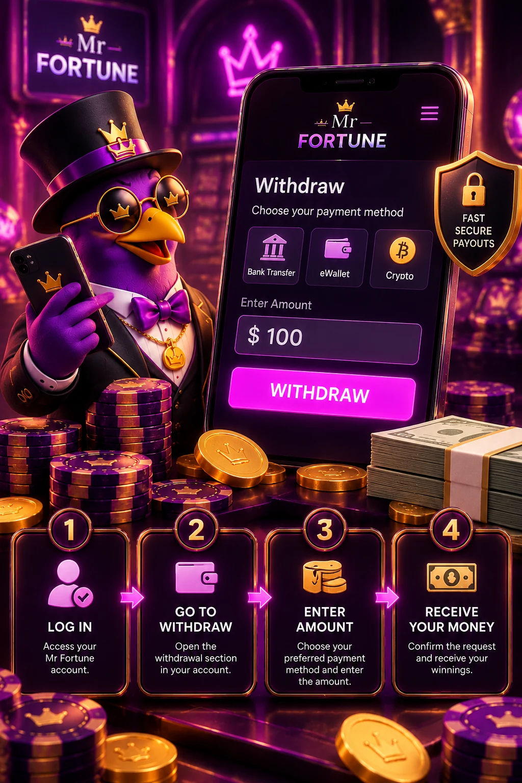 A top hatted mascot beside a phone showing a withdrawal screen with bank transfer, eWallet and crypto options and an amount field, above four numbered panels: log in, go to withdraw, enter amount, and receive your money