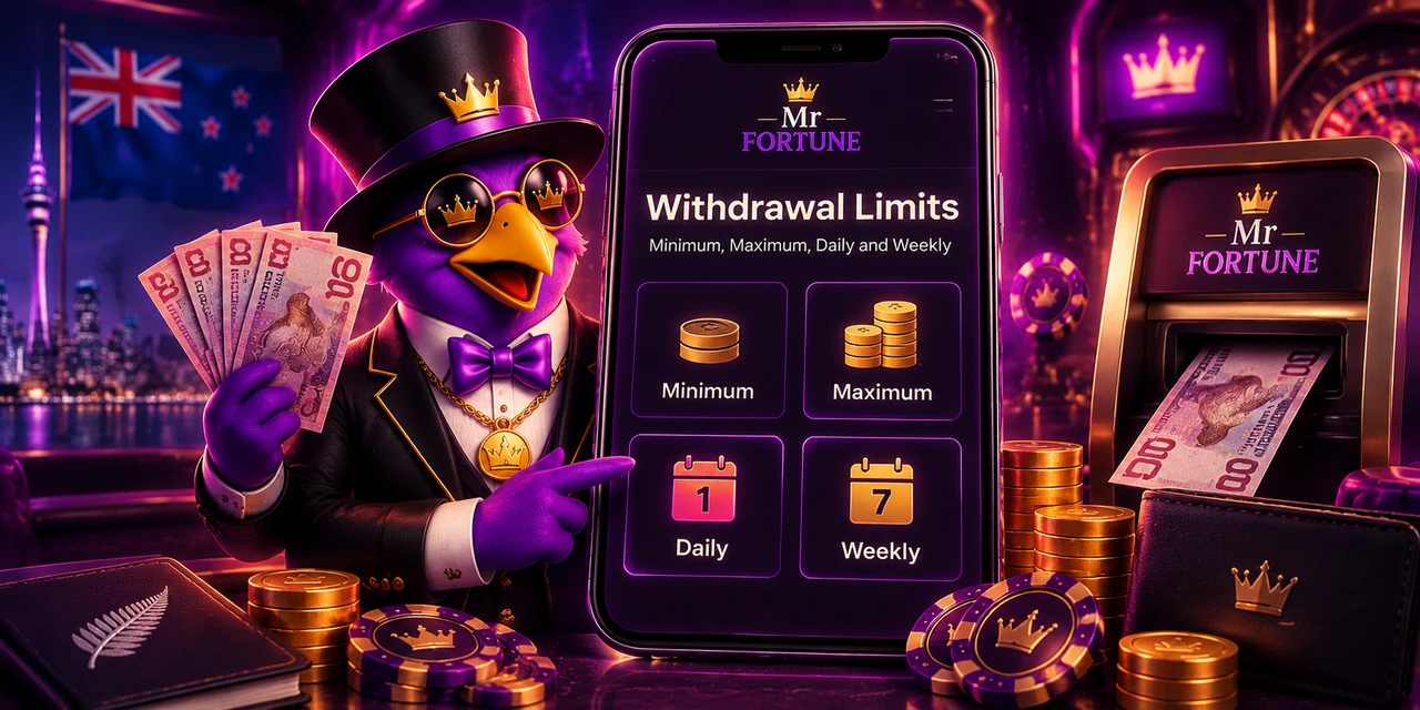 A top hatted mascot holding banknotes and pointing at a phone headed withdrawal limits, minimum, maximum, daily and weekly, with four labelled tiles below it, beside a cash machine dispensing a note, casino chips, a wallet and a New Zealand flag