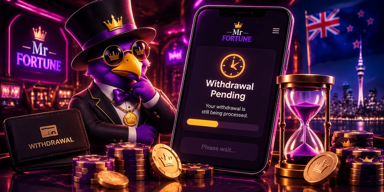 A top hatted mascot waiting beside a phone showing a withdrawal pending screen with a clock, a part filled progress bar and the message that the withdrawal is still being processed, next to an hourglass, a wallet marked withdrawal and stacks of casino chips