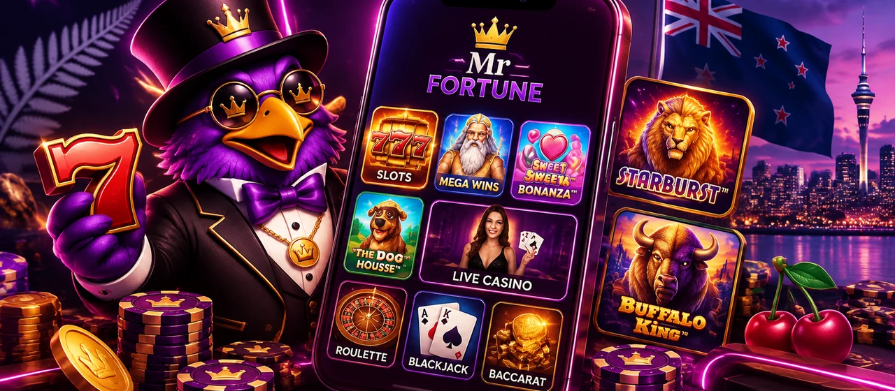 A top hatted mascot holding a red seven beside a large phone showing a Mr Fortune lobby of game tiles for slots, live casino, roulette, blackjack and baccarat, with two more game tiles, casino chips, a silver fern and a New Zealand flag over the Auckland skyline