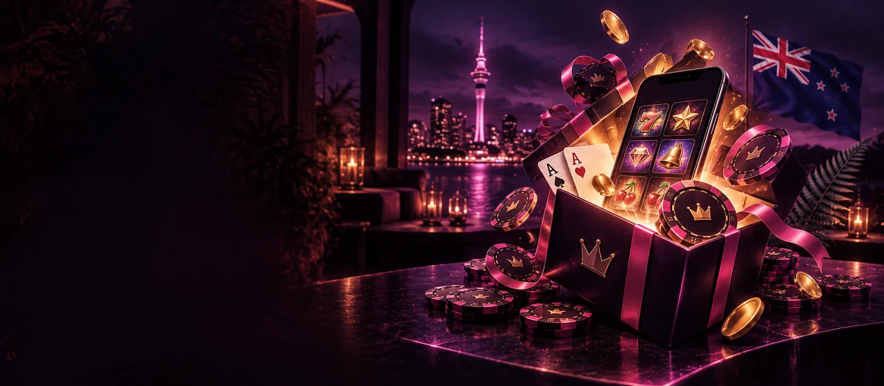 A ribboned gift box spilling light, with a smartphone showing pokie symbols rising out of it alongside two aces, crown marked casino chips, gold coins and a New Zealand flag, with the lit Auckland skyline across the water behind