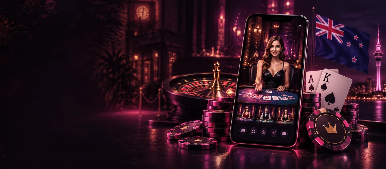 A smartphone showing a Mr Fortune live dealer table, the dealer behind a card table with a row of other live tables below it, standing among stacks of casino chips beside a roulette wheel, an ace and king of spades and a New Zealand flag against the lit Auckland skyline