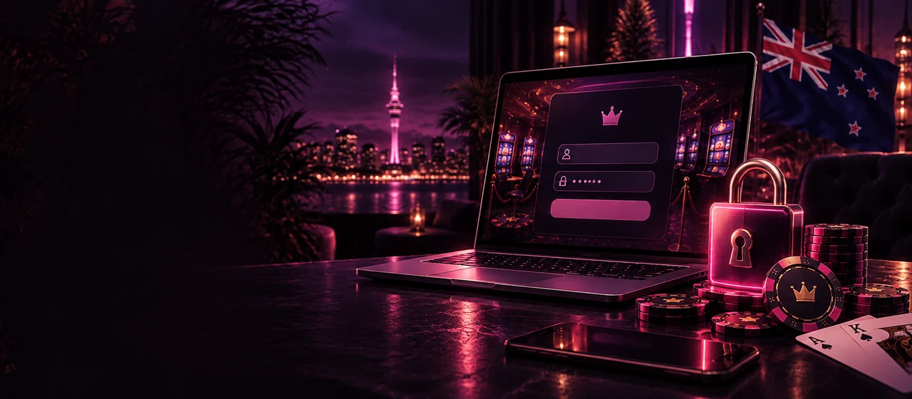 A laptop on a dark table showing a Mr Fortune sign in panel with username and password fields, beside a glowing padlock, a phone, stacks of crown marked casino chips, two playing cards and a New Zealand flag, with the lit Auckland skyline across the water behind