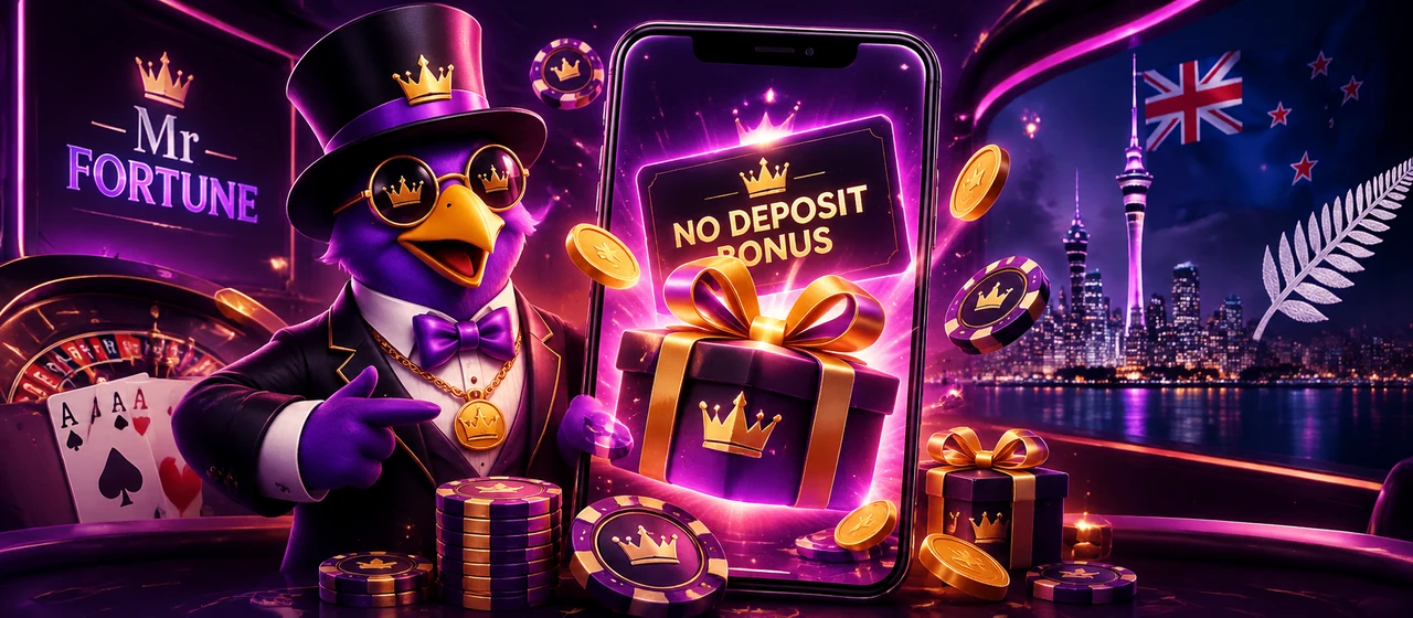 A top hatted mascot pointing at a large phone showing a no deposit bonus ticket above a ribboned gift box, with crown marked casino chips and gold coins around it and the lit Auckland skyline and a New Zealand flag behind