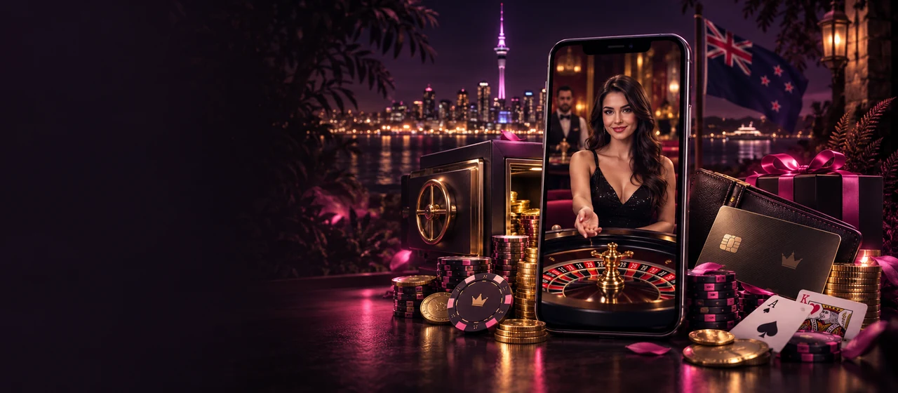 A smartphone showing a Mr Fortune live roulette table, standing beside an open safe of gold coins, a leather wallet with a gold bank card, stacks of casino chips and coins, an ace and king and a New Zealand flag, with the lit Auckland skyline across the water behind