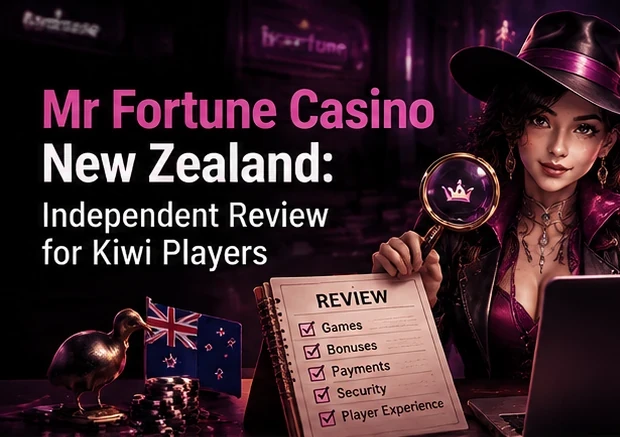 A woman in a wide brimmed hat holds a magnifying glass beside a laptop marked Mr Fortune, with a checklist ticking off games, bonuses, payments, security and player experience, a kiwi and a New Zealand flag on the desk and the Auckland skyline behind