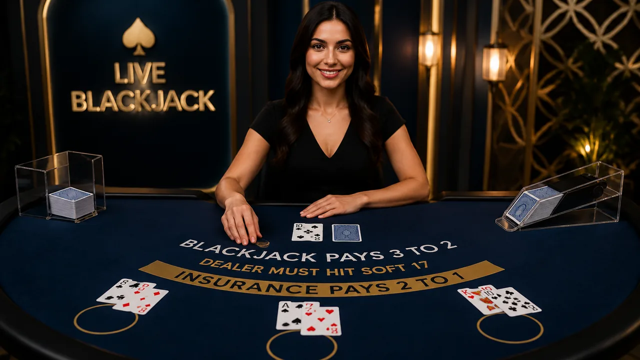 A live blackjack table, dealer stood behind the shoe with three betting positions dealt