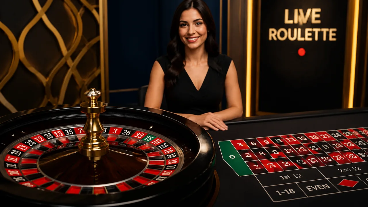 A live roulette table, dealer beside the wheel with the betting layout in front