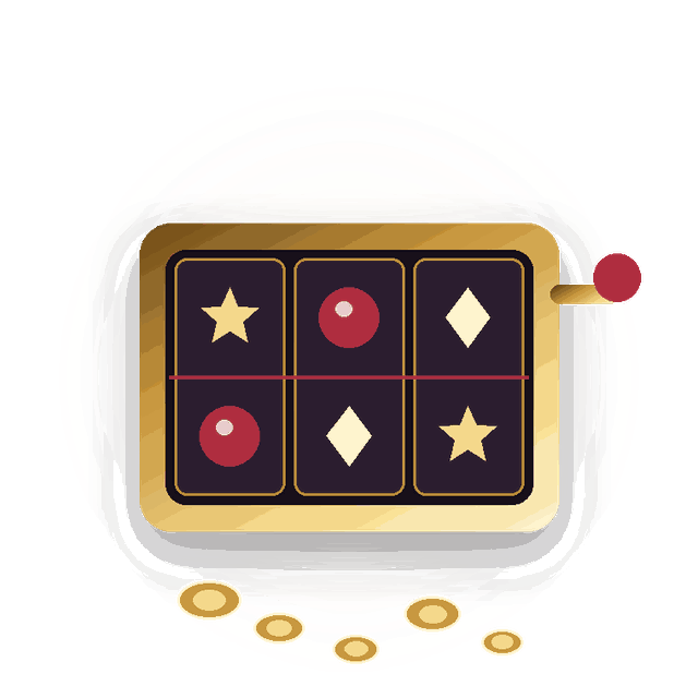 Gold slot machine with spinning reels and coins, representing the full game library