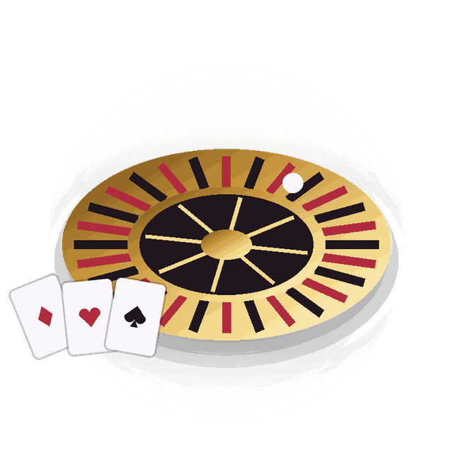 Gold roulette wheel with a fan of playing cards, representing the live casino floor